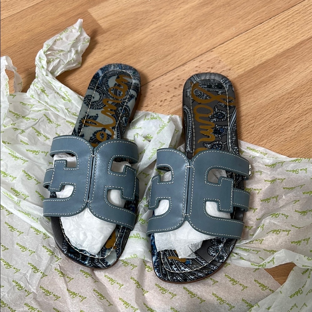 Sam Edelman Blue and Cream Slide Sandals